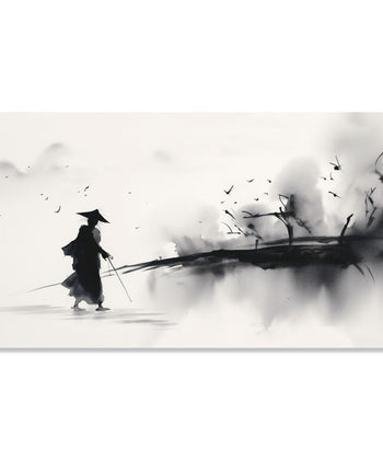 Painting for Living Room:Asian Monochrome of a traveller going through an abstract landscape