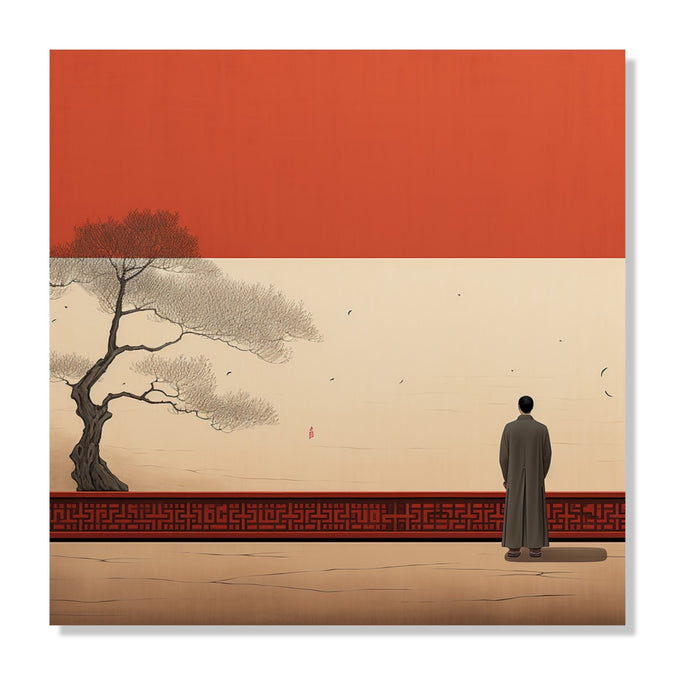 Painting for Living Room:Asian Painting of a man standing and looking out to open space, with a tree on a side and Asian design wall