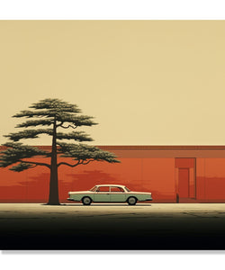 Painting for Living Room:Asian Painting with a Tree and a Car infront of an Orange Wall