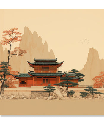 Painting for Living Room:Asian Painting with a temple and mountain in background