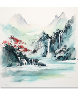 Painting for Living Room:Asian Watercolour Landscape with Mountains and waterfalls