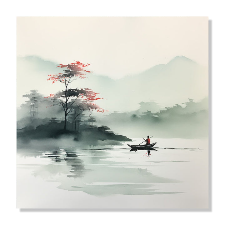 Painting for Living Room:Asian Watercolour landscape of a small boat in the waterbody, trees and mountains in the background