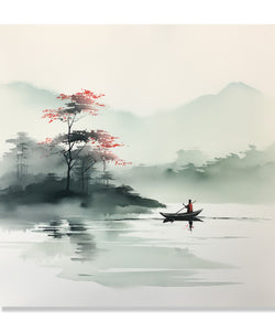 Painting for Living Room:Asian Watercolour landscape of a small boat in the waterbody, trees and mountains in the background