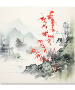 Painting for Living Room:Asian Watercolour landscape with red shoots of bamboo in foreground and mountains and trees in background