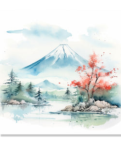 Painting for Living Room:Asian watercolour MountFuji painting, with plants and water stream in foreground