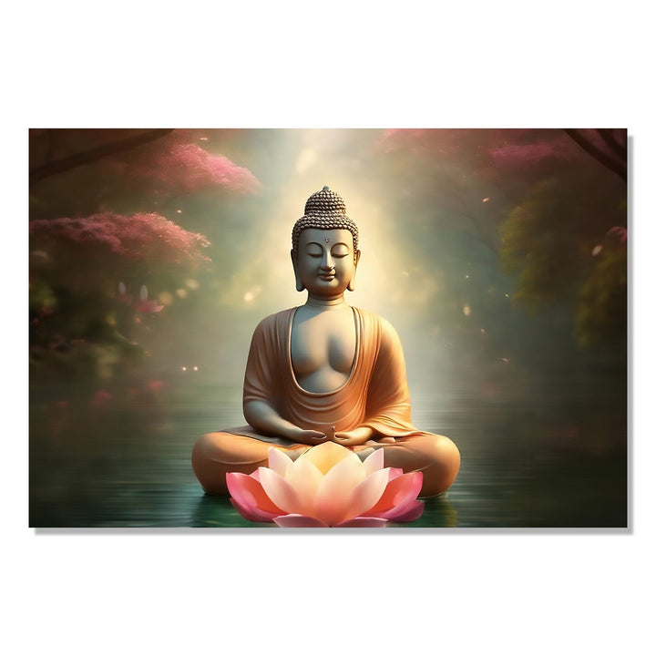 Painting for Living Room:Buddha in peaceful Water and pink trees with Lotus in front
