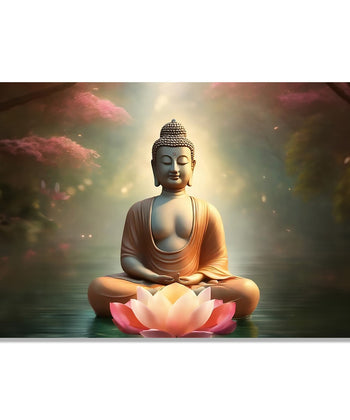 Painting for Living Room:Buddha in peaceful Water and pink trees with Lotus in front