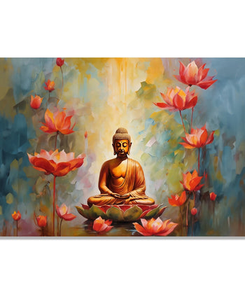 Painting for Living Room:Buddha meditating in colourful patchy background in lighter heus and Orange Lotus flowers in foreground