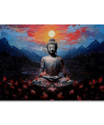 Painting for Living Room:Buddha meditating in dusk background with Blue mountains and Sun dip skies.