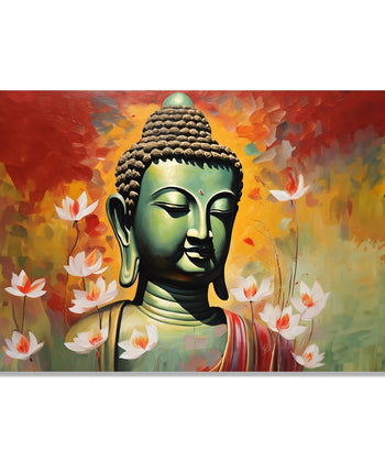 Painting for Living Room:Buddha meditating with Orange, Red background and small lotus flowers