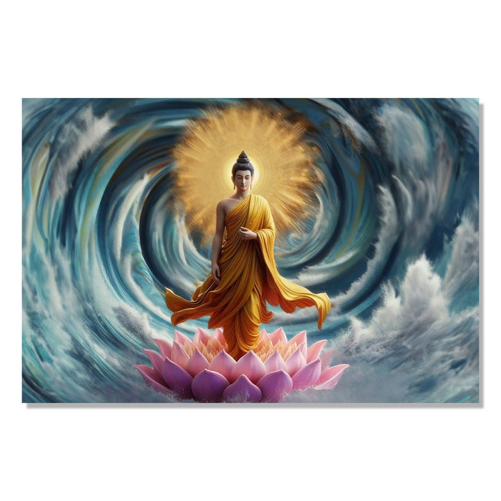 Painting for Living Room:Buddha standing on a lotus, with Blue water spiral and gold orb in background