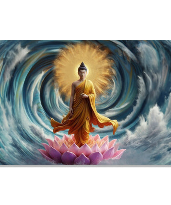 Painting for Living Room:Buddha standing on a lotus, with Blue water spiral and gold orb in background