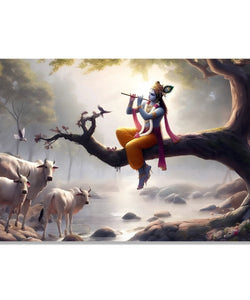 Painting for Living Room:Krishna sitting on a Tree Branch and playing flute, Cows listening and a stream trinkling down