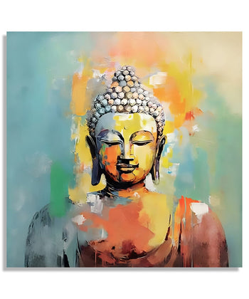 Painting for Living Room:Meditating Buddha in bright Blue-Gree, yellow, orange and grey heus. Plaing mixing or colours