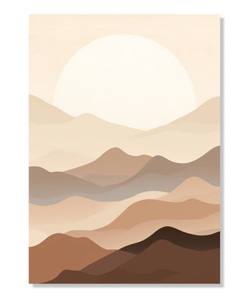 Painting for Living Room:Minimalist landscape of series of beige mountains against a White sunset