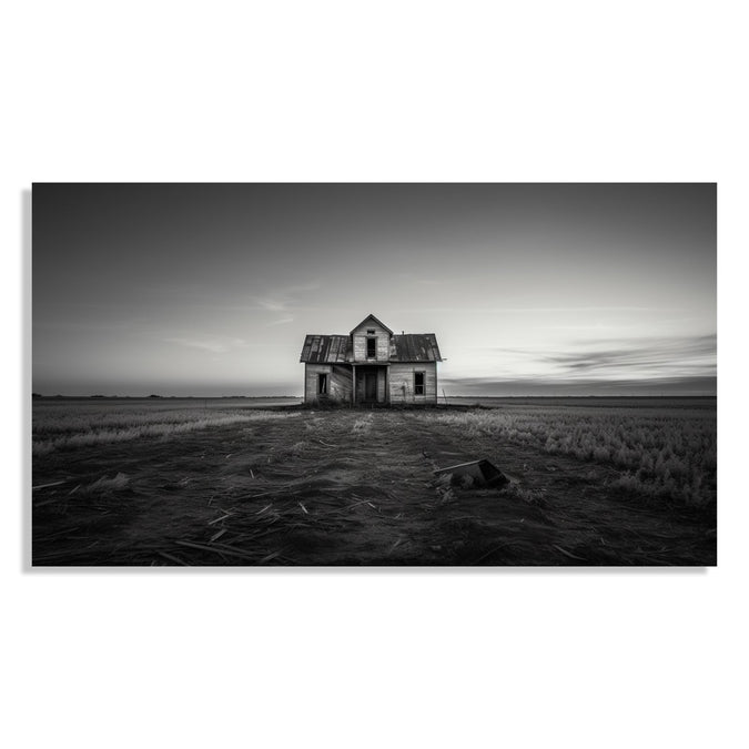 Painting for Living Room:Minimalistic Monochrome with a delapidated gouse in the middle of a grassland ad clear sky