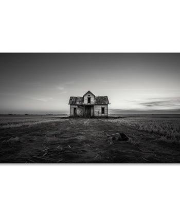 Painting for Living Room:Minimalistic Monochrome with a delapidated gouse in the middle of a grassland ad clear sky