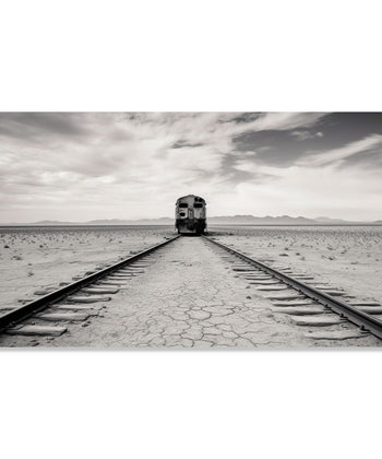 Painting for Living Room:Minimalistic Monochrome with a train on the track in the middle of a dry desert and mountain line in far background