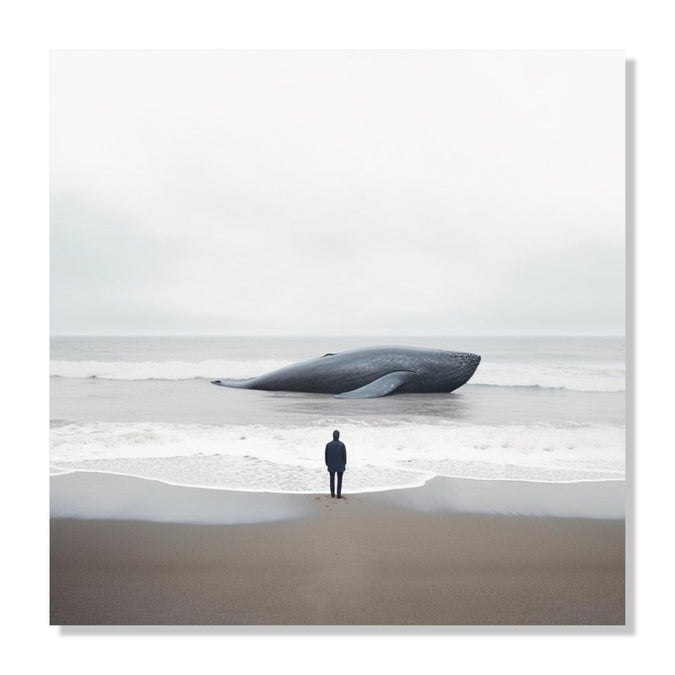 Painting for Living Room:Minimalistic Painting of a Man looking at a beached whale