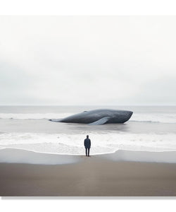 Painting for Living Room:Minimalistic Painting of a Man looking at a beached whale