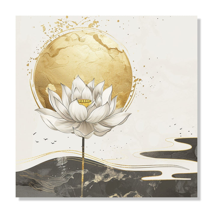 Painting for Living Room:Minimalistic image of a white lotus with golden orb behind and white, black, golden abstract background