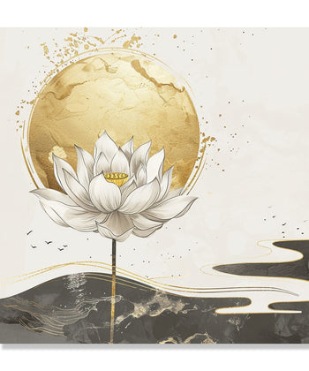 Painting for Living Room:Minimalistic image of a white lotus with golden orb behind and white, black, golden abstract background