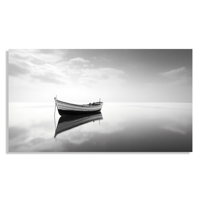 Painting for Living Room:Minimalistic monochrome with a boat with clear reflection.