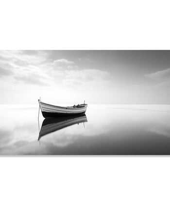 Painting for Living Room:Minimalistic monochrome with a boat with clear reflection.