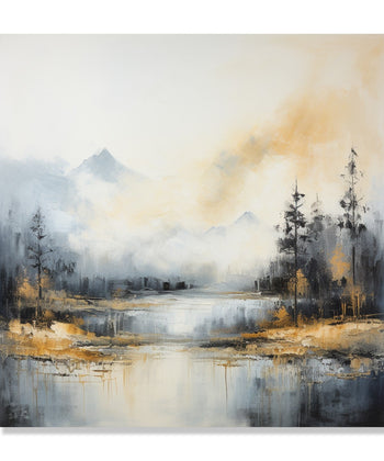 Painting for Living Room:Monochromatic lansdcape with grey and golden shades, Mountains, Trees, and Water