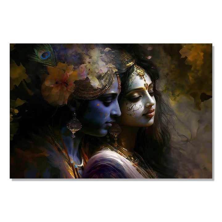 Painting for Living Room:Radha Krishna facing right side and lost in thoughts, Blue Krishna and Beige Radha, with Krishna wearing flower head band