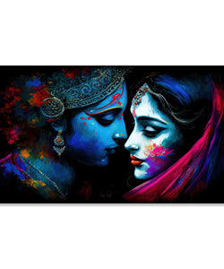 Painting for Living Room:Radha and Krishna facing each other, in blue and pink heus