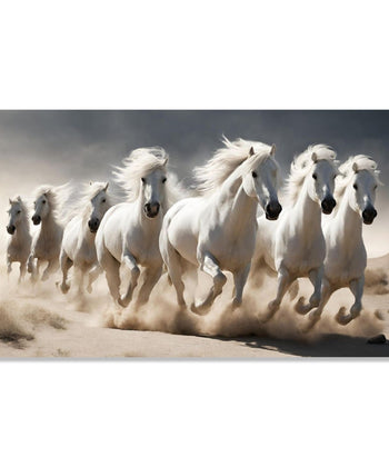 Painting for Living Room:Seven, Prestine white horses running towards right in Desert sand and grey sky in background