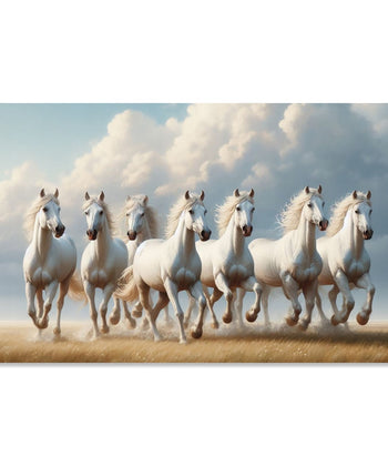 Painting for Living Room:Seven White horses running towards slight right on ground beneath and white clouds in Sky behind