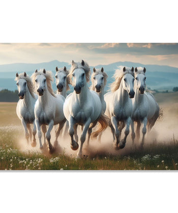 Painting for Living Room:Seven white Horses running front on dusty ground and mountains in background