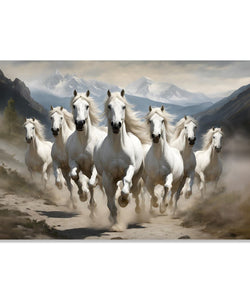 Painting for Living Room:Seven white Horses running front on dusty ground and snow mountains in background