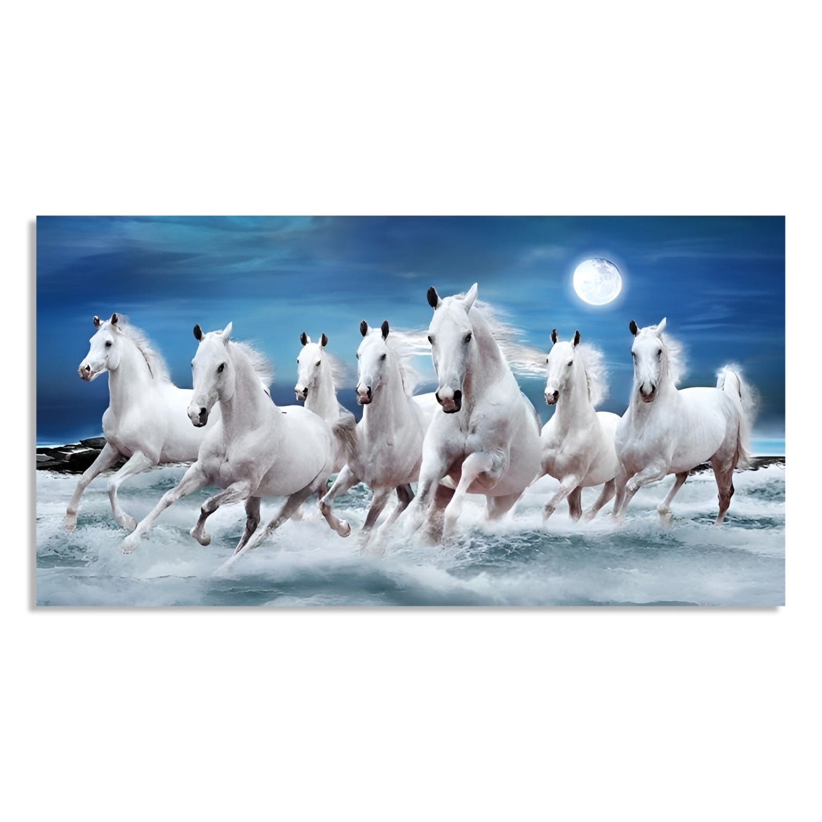 Horses Running Seascape Full Moon Canvas Wall Art – Ready To Hang, Framed