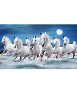 Painting for Living Room:Seven white horses running in water, blue sky and moon in background