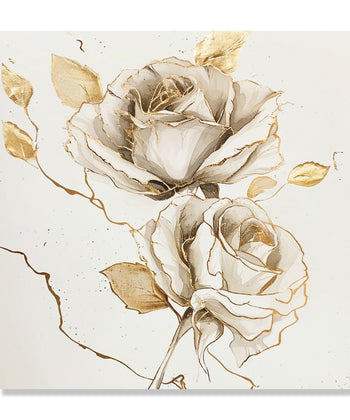 Painting for Living Room:Two White golden Roses with some golden leaves