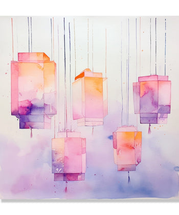 Painting for Living Room:orange, pink and purple floating lights tied with threads, floating in sky