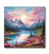 Pink and blue sky and water, snow mountains 