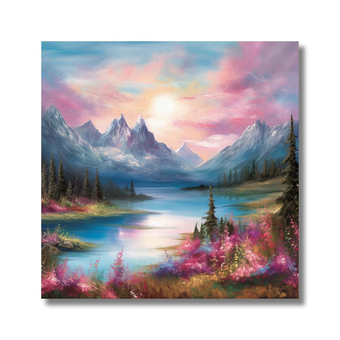 Pink and blue sky and water, snow mountains 