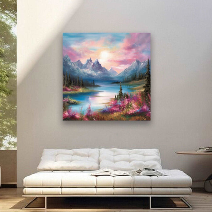 Pink and blue sky and water, snow mountains Room 1