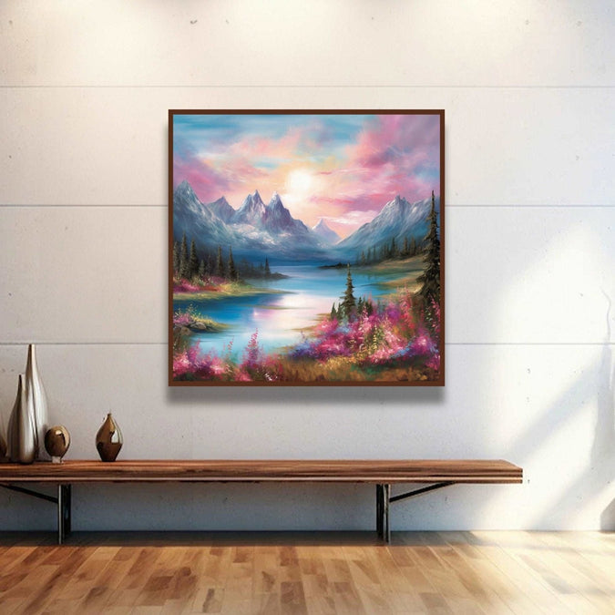 Pink and blue sky and water, snow mountains Room 2