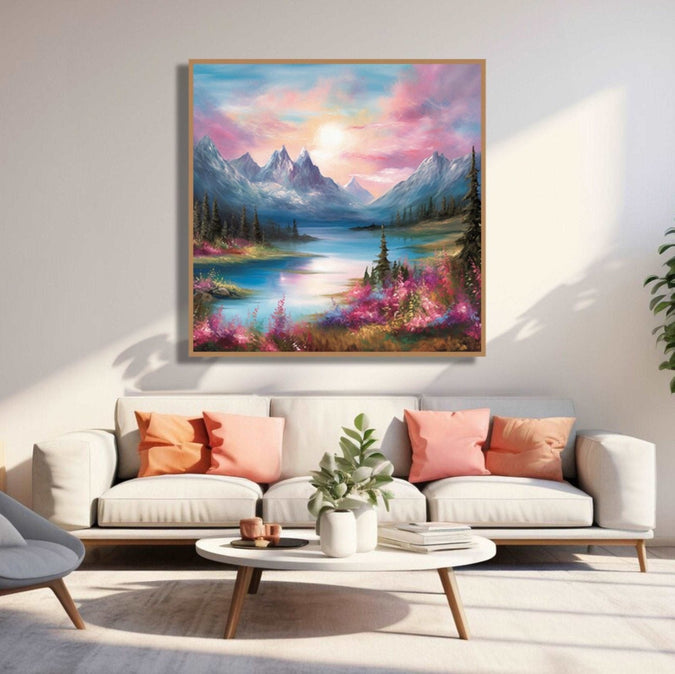 Pink and blue sky and water, snow mountains Room 3