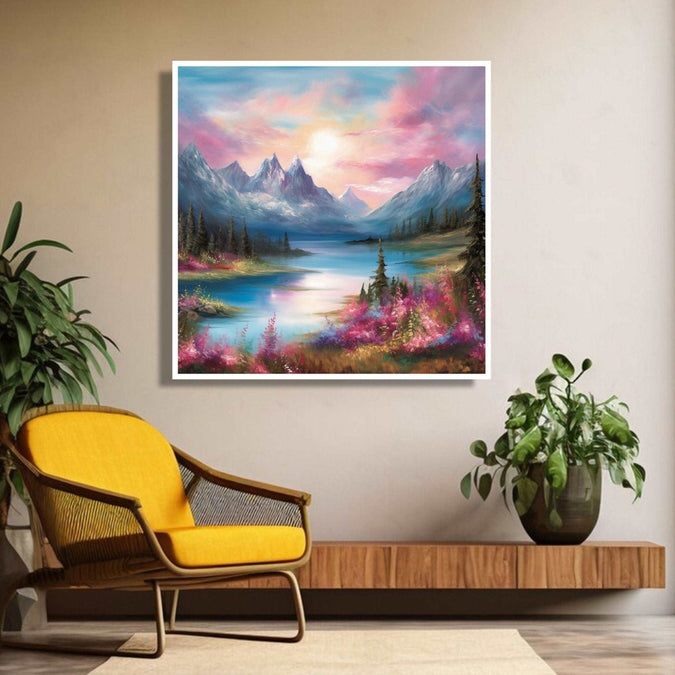 Pink and blue sky and water, snow mountains Room 4