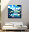 Purple mountain, green trees, blue sky an dwater, with maple leaf in water Room 1