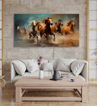 4 Brown and 3 White horses running in abstract background, water