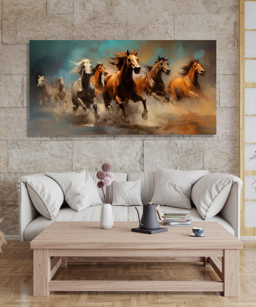 4 Brown and 3 White horses running in abstract background, water