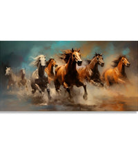 Painting for Living Room:4 Brown and 3 White horses running in abstract background, water