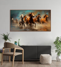 Painting for Home:4 Brown and 3 White horses running in abstract background, water